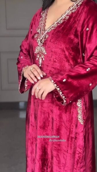 Ethereal Red  Velvet Sequins Embroidered Work Kurti Pant Set with Georgette Border Dupatta Perfect for Special Occasions  Straight Cut Long Kurtis