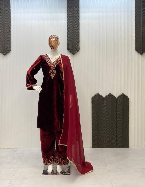 Ethereal Red  Velvet Sequins Embroidered Work Kurti Pant Set with Georgette Border Dupatta Perfect for Special Occasions  Straight Cut Long Kurtis