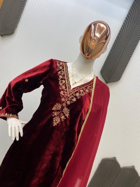 Ethereal Red  Velvet Sequins Embroidered Work Kurti Pant Set with Georgette Border Dupatta Perfect for Special Occasions  Straight Cut Long Kurtis