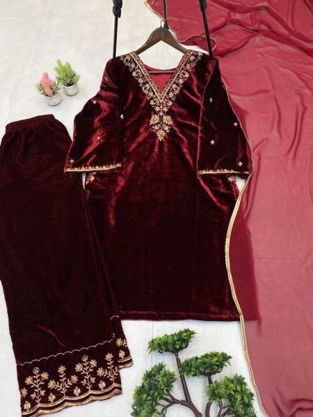 Ethereal Red  Velvet Sequins Embroidered Work Kurti Pant Set with Georgette Border Dupatta Perfect for Special Occasions  Straight Cut Long Kurtis