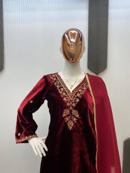 Ethereal Red  Velvet Sequins Embroidered Work Kurti Pant Set with Georgette Border Dupatta Perfect for Special Occasions  Straight Cut Long Kurtis