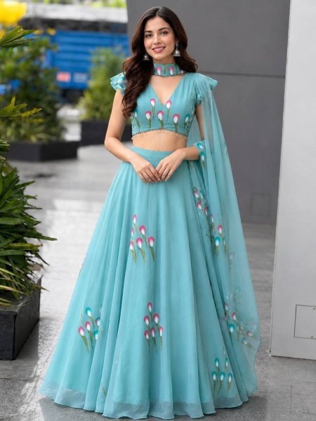 Ethereal Sky Blue Designer Handpaint Georgette Lehenga Choli with 8 Meter Flair 