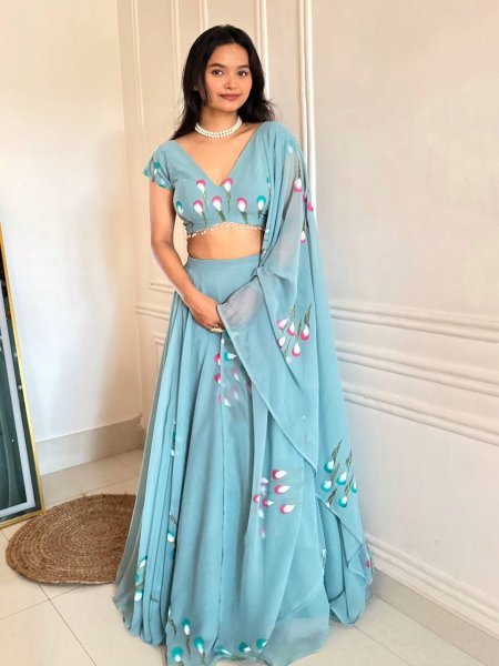 Ethereal Sky Blue Designer Handpaint Georgette Lehenga Choli with 8 Meter Flair Designer Lehenga Choli