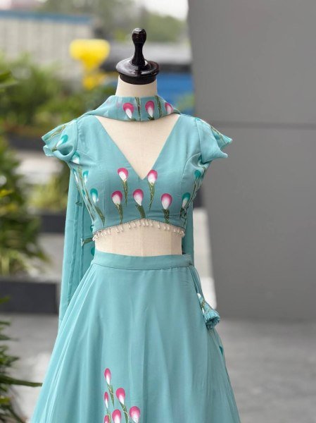 Ethereal Sky Blue Designer Handpaint Georgette Lehenga Choli with 8 Meter Flair Designer Lehenga Choli