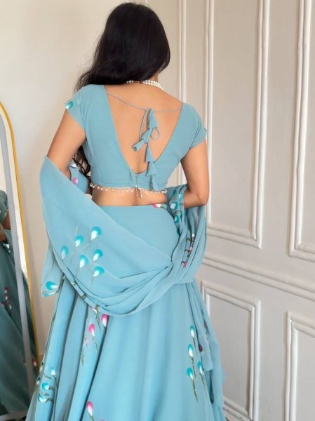 Ethereal Sky Blue Designer Handpaint Georgette Lehenga Choli with 8 Meter Flair Designer Lehenga Choli
