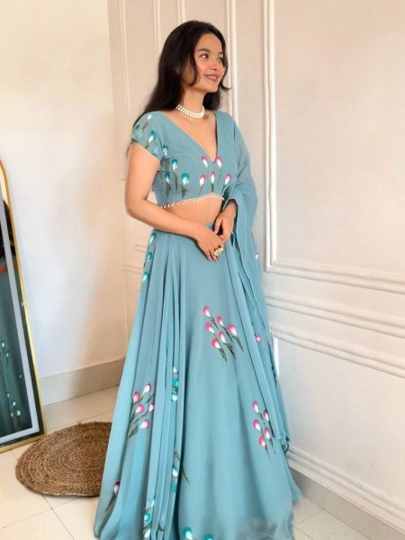 Ethereal Sky Blue Designer Handpaint Georgette Lehenga Choli with 8 Meter Flair Designer Lehenga Choli