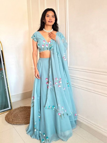 Ethereal Sky Blue Designer Handpaint Georgette Lehenga Choli with 8 Meter Flair Designer Lehenga Choli