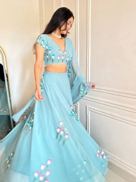 Ethereal Sky Blue Designer Handpaint Georgette Lehenga Choli with 8 Meter Flair Designer Lehenga Choli