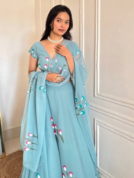 Ethereal Sky Blue Designer Handpaint Georgette Lehenga Choli with 8 Meter Flair Designer Lehenga Choli