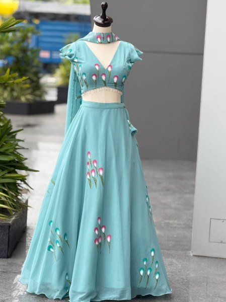 Ethereal Sky Blue Designer Handpaint Georgette Lehenga Choli with 8 Meter Flair Designer Lehenga Choli