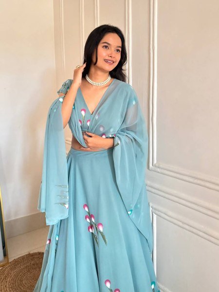 Ethereal Sky Blue Designer Handpaint Georgette Lehenga Choli with 8 Meter Flair Designer Lehenga Choli