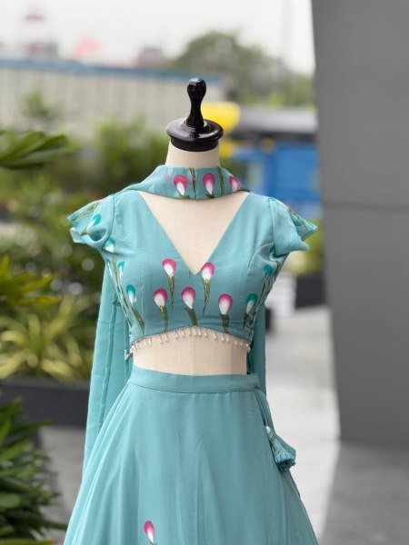 Ethereal Sky Blue Designer Handpaint Georgette Lehenga Choli with 8 Meter Flair Designer Lehenga Choli