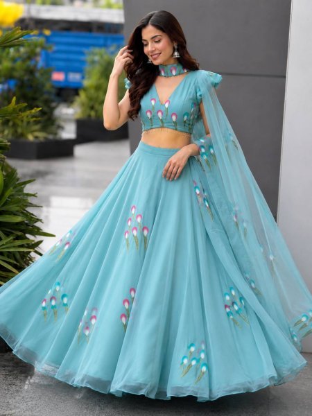 Ethereal Sky Blue Designer Handpaint Georgette Lehenga Choli with 8 Meter Flair Designer Lehenga Choli