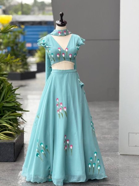Ethereal Sky Blue Designer Handpaint Georgette Lehenga Choli with 8 Meter Flair Designer Lehenga Choli