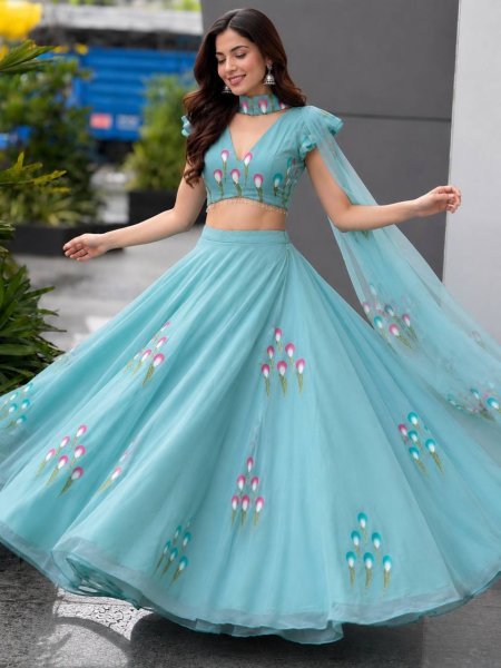 Ethereal Sky Blue Designer Handpaint Georgette Lehenga Choli with 8 Meter Flair Designer Lehenga Choli