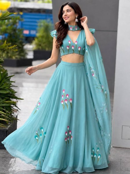 Ethereal Sky Blue Designer Handpaint Georgette Lehenga Choli with 8 Meter Flair Designer Lehenga Choli