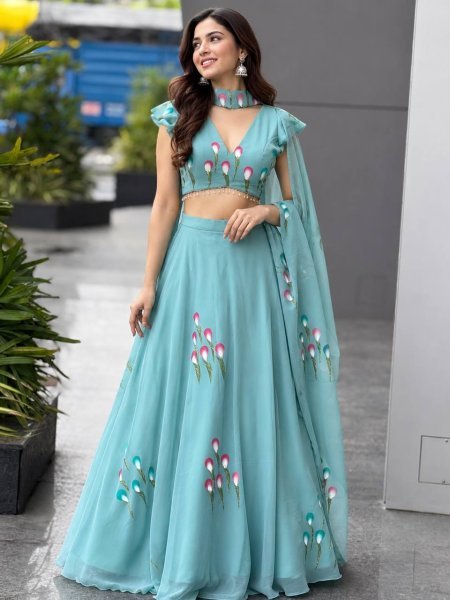 Ethereal Sky Blue Designer Handpaint Georgette Lehenga Choli with 8 Meter Flair Designer Lehenga Choli