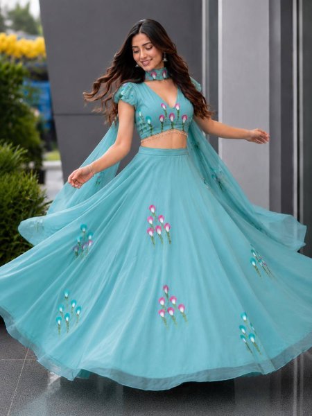 Ethereal Sky Blue Designer Handpaint Georgette Lehenga Choli with 8 Meter Flair Designer Lehenga Choli