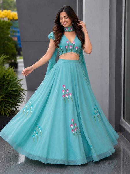 Ethereal Sky Blue Designer Handpaint Georgette Lehenga Choli with 8 Meter Flair Designer Lehenga Choli