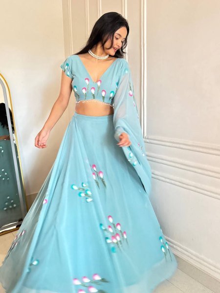 Ethereal Sky Blue Designer Handpaint Georgette Lehenga Choli with 8 Meter Flair Designer Lehenga Choli