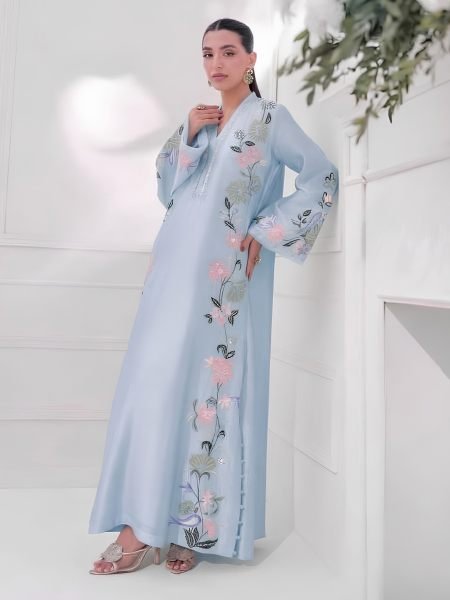 Ethereal Sky Blue Fully Stitched Roman Glass Long Kaftan with Pant and Dupatta Ready To Wear Suit