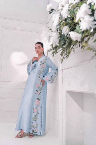 Ethereal Sky Blue Fully Stitched Roman Glass Long Kaftan with Pant and Dupatta Ready To Wear Collection