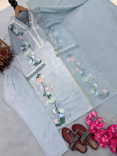 Ethereal Sky Blue Fully Stitched Roman Glass Long Kaftan with Pant and Dupatta Ready To Wear Collection