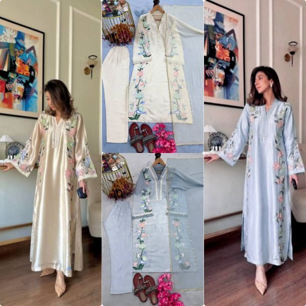 Ethereal Sky Blue Fully Stitched Roman Glass Long Kaftan with Pant and Dupatta Ready To Wear Collection