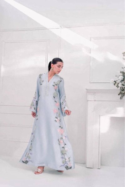 Ethereal Sky Blue Fully Stitched Roman Glass Long Kaftan with Pant and Dupatta Ready To Wear Collection