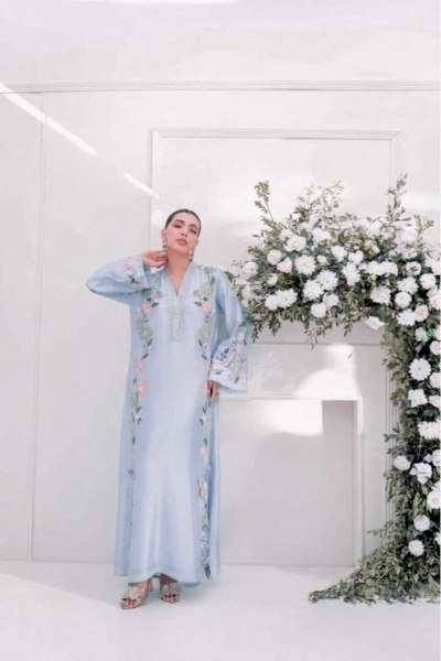 Ethereal Sky Blue Fully Stitched Roman Glass Long Kaftan with Pant and Dupatta Ready To Wear Collection