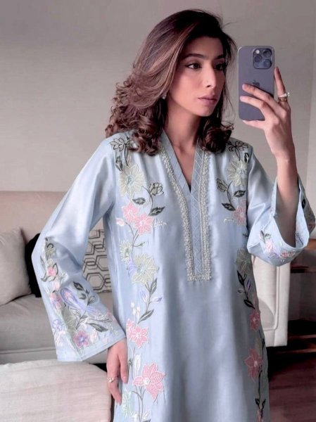 Ethereal Sky Blue Fully Stitched Roman Glass Long Kaftan with Pant and Dupatta Ready To Wear Collection