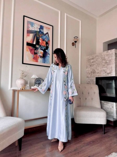 Ethereal Sky Blue Fully Stitched Roman Glass Long Kaftan with Pant and Dupatta Ready To Wear Collection