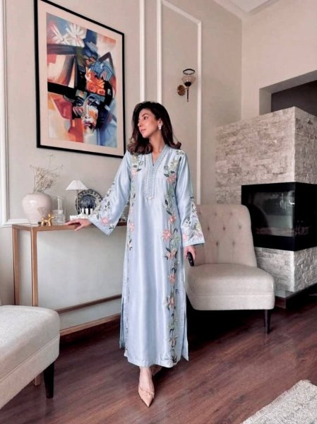 Ethereal Sky Blue Fully Stitched Roman Glass Long Kaftan with Pant and Dupatta Ready To Wear Collection