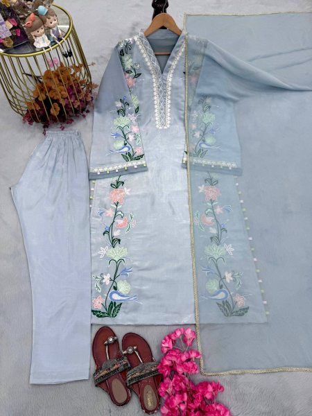 Ethereal Sky Blue Fully Stitched Roman Glass Long Kaftan with Pant and Dupatta Ready To Wear Collection