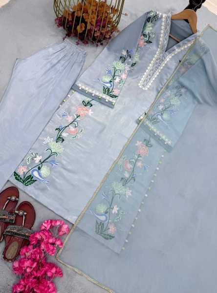 Ethereal Sky Blue Fully Stitched Roman Glass Long Kaftan with Pant and Dupatta Ready To Wear Collection