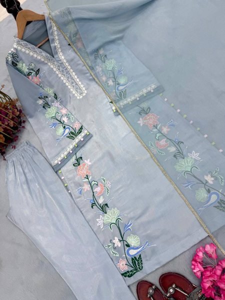 Ethereal Sky Blue Fully Stitched Roman Glass Long Kaftan with Pant and Dupatta Ready To Wear Collection