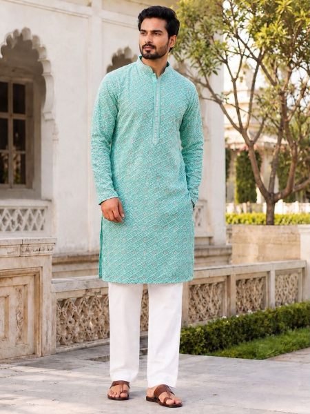 Ethereal Sky Blue Long Rayon Gents Kurta with Chikan Schiffli Work and Pyjama 