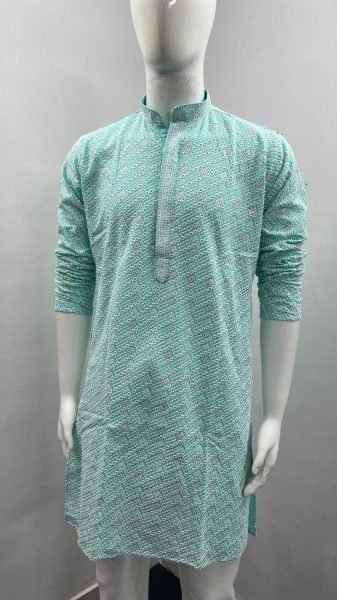 Ethereal Sky Blue Long Rayon Gents Kurta with Chikan Schiffli Work and Pyjama Kurta Pajama Wholesale