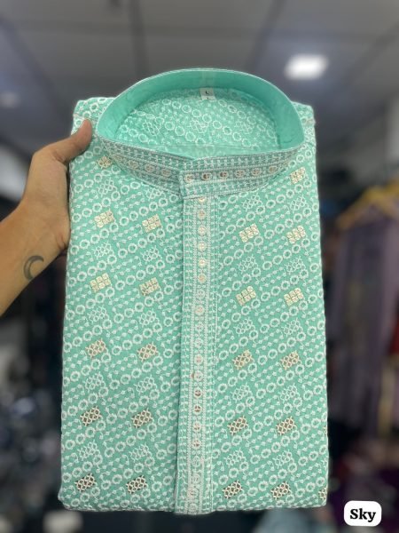 Ethereal Sky Blue Long Rayon Gents Kurta with Chikan Schiffli Work and Pyjama Kurta Pajama Wholesale