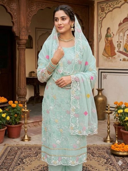 Ethereal Sky Blue Organza Silk Embroidered Salwar Suit with Organza Dupatta and Crepe Bottom 