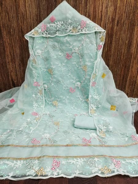 Ethereal Sky Blue Organza Silk Embroidered Salwar Suit with Organza Dupatta and Crepe Bottom Color Set Matching Dress Material Wholesale