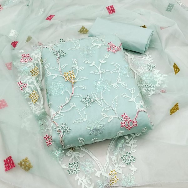 Ethereal Sky Blue Organza Silk Embroidered Salwar Suit with Organza Dupatta and Crepe Bottom Color Set Matching Dress Material Wholesale