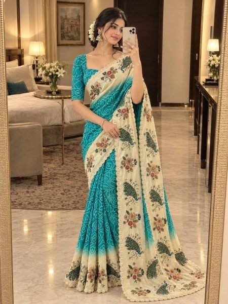 Ethereal Sky Blue Peacock Chinon Silk Saree with Digital Print Border at Wholesale Rate Silk Sarees Wholesale