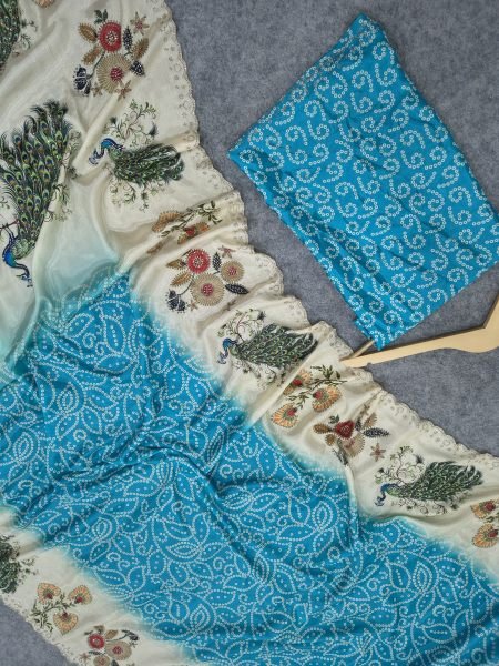 Ethereal Sky Blue Peacock Chinon Silk Saree with Digital Print Border at Wholesale Rate Silk Sarees Wholesale