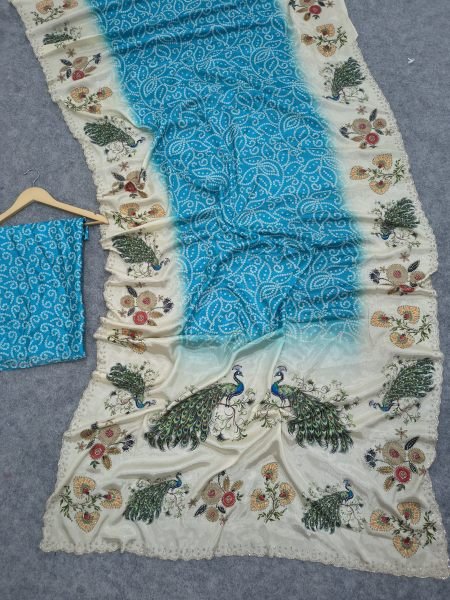 Ethereal Sky Blue Peacock Chinon Silk Saree with Digital Print Border at Wholesale Rate Silk Sarees Wholesale