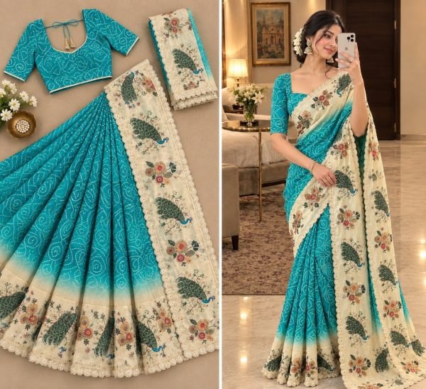 Ethereal Sky Blue Peacock Chinon Silk Saree with Digital Print Border at Wholesale Rate Silk Sarees Wholesale