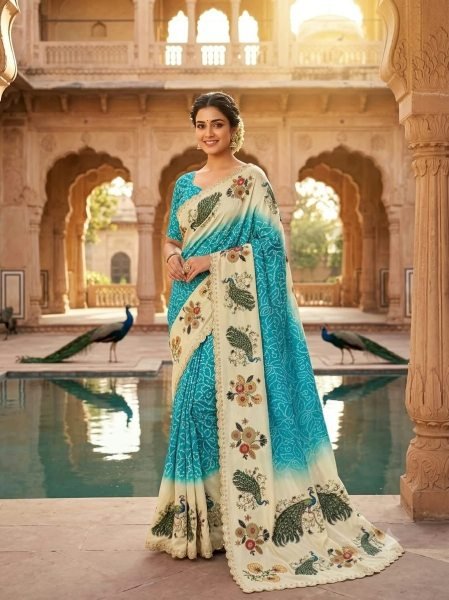 Ethereal Sky Blue Peacock Chinon Silk Saree with Digital Print Border at Wholesale Rate Silk Sarees Wholesale