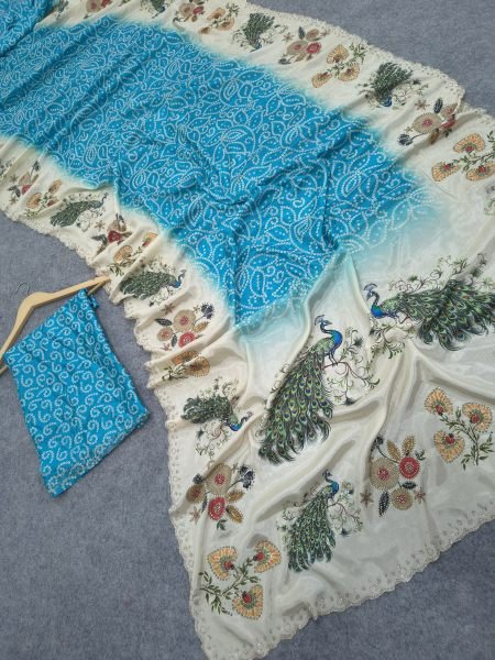 Ethereal Sky Blue Peacock Chinon Silk Saree with Digital Print Border at Wholesale Rate Silk Sarees Wholesale