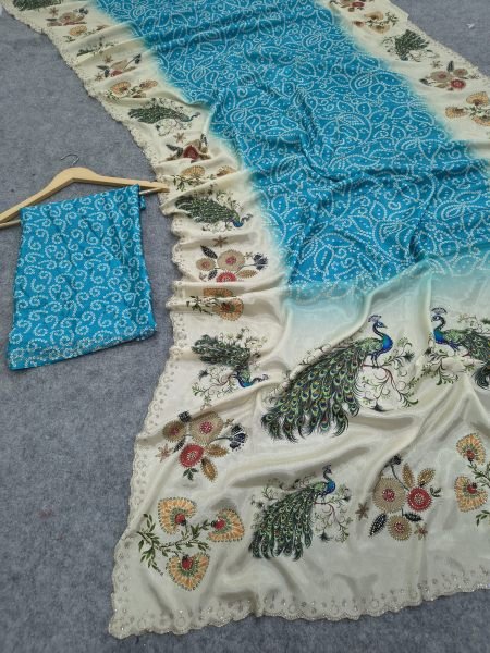 Ethereal Sky Blue Peacock Chinon Silk Saree with Digital Print Border at Wholesale Rate Silk Sarees Wholesale