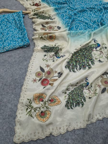 Ethereal Sky Blue Peacock Chinon Silk Saree with Digital Print Border at Wholesale Rate Silk Sarees Wholesale